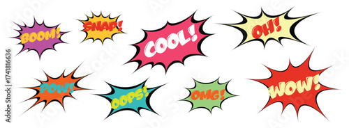 Comic speech bubbles set, comic wording sound effect set design for comic background, comic strip. Comic pop art book pow, oops, wow, boom exclamation signs vector comics words set. 