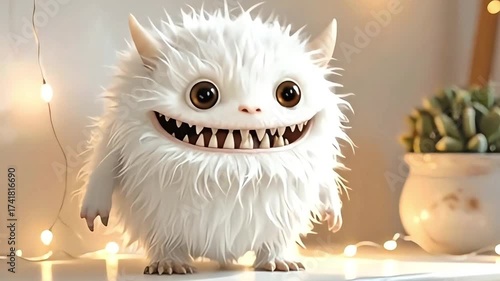 Cute Fluffy White Monster with Sharp Teeth and Big Eyes in Cozy Lighting