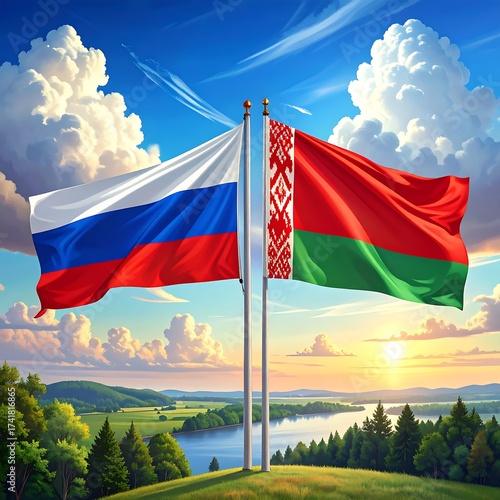 Flags of Russia and Belarus waving in the sky