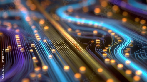 Abstract depiction of electronic pathways, circuits, and components rendered with depth of field