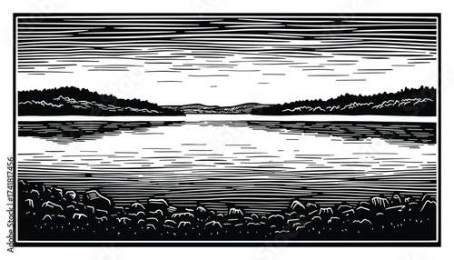 Lake landscape with distant hills vector illustration