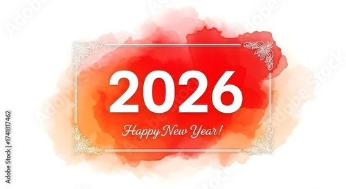 A 2026 Happy New Year Greeting Card with Red Watercolor Background and Elegant Floral Frame Design