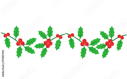 Flat Holly Berry Garland Border Vector - Christmas and Holiday Decorative Greenery Element for Festive Design