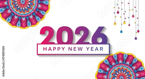 A Happy New Year 2026 Greeting Card with Colorful Mandala Design and Modern Typography