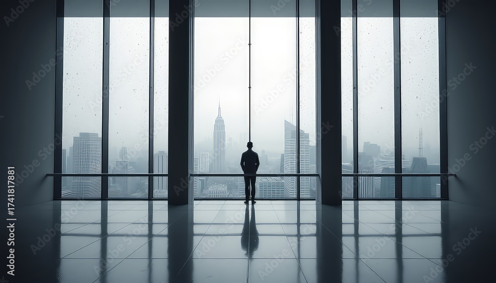 Fototapeta premium A lone figure stands contemplating the city skyline through a large window on a rainy day