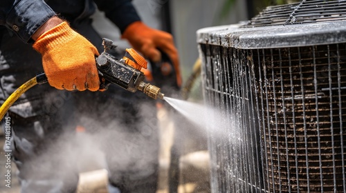 Professional HVAC technician cleaning outdoor air conditioner coils with spray maintenance service repair unit gloves.