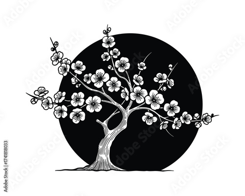 Sakura tree black and white sketch vector illustration