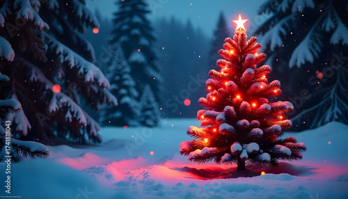 Festive Pine: A beautifully lit Christmas tree stands tall amidst a snow-covered winter landscape, creating a magical and serene holiday scene.