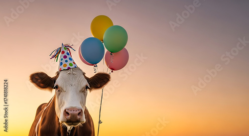 A whimsical brown and white cow wearing a party hat holds colorful balloons against a beautiful sunset sky, ready to celebrate a birthday