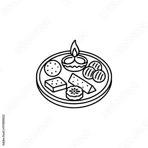 Diwali puja thali with sweets and lit diya