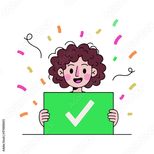 Cheerful person celebrates success holding check mark sign amidst confetti, perfect for achievement and positive affirmation visuals