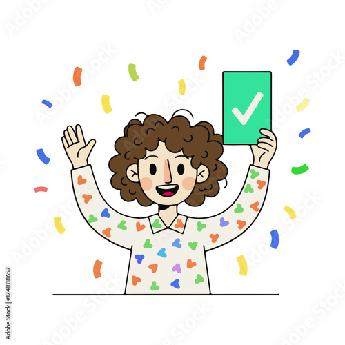 Cheerful person celebrates success with a checkmark card amidst confetti, exuding joy and accomplishment in a vibrant, modern design