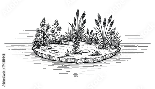 Floating island with plants and flowers in water vector illustration