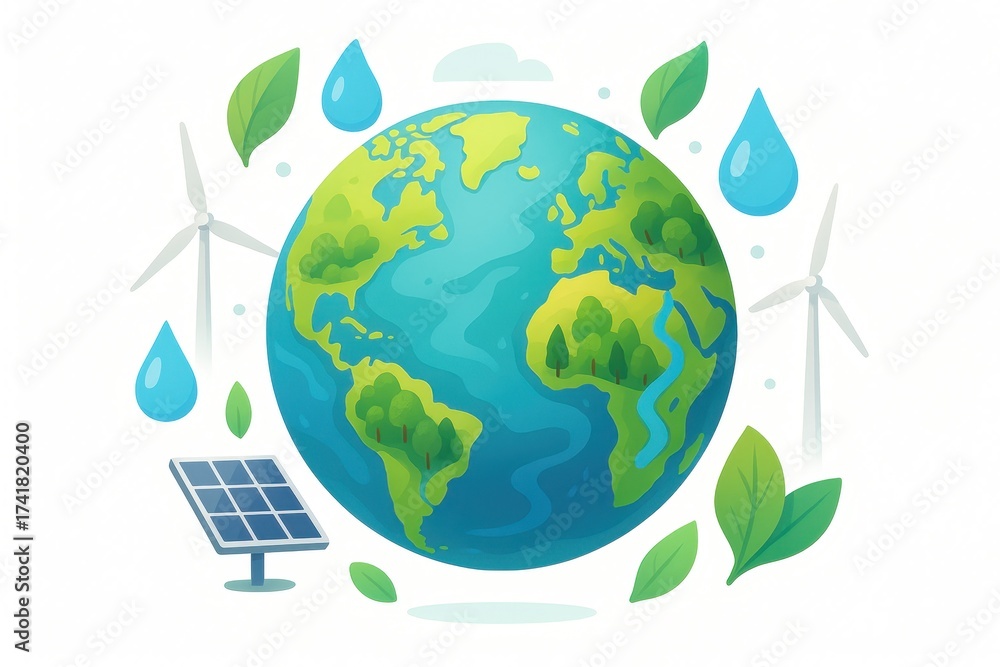 Naklejka premium Sustainable green planet surrounded by renewable energy icons and lush nature elements