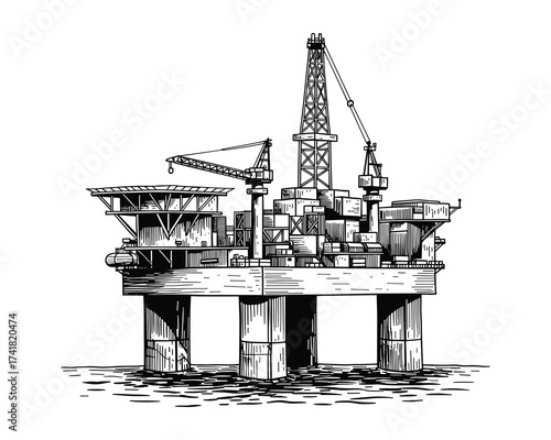 Offshore oil platform sketch vector illustration