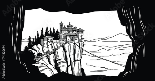 Mountain Castle Cliff View Vector Illustration