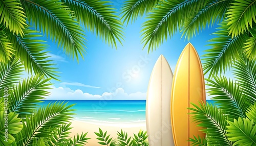 Wallpaper Mural Tropical Beach Scene with Surfboards, Palm Leaves, and a Clear Blue Sky Torontodigital.ca