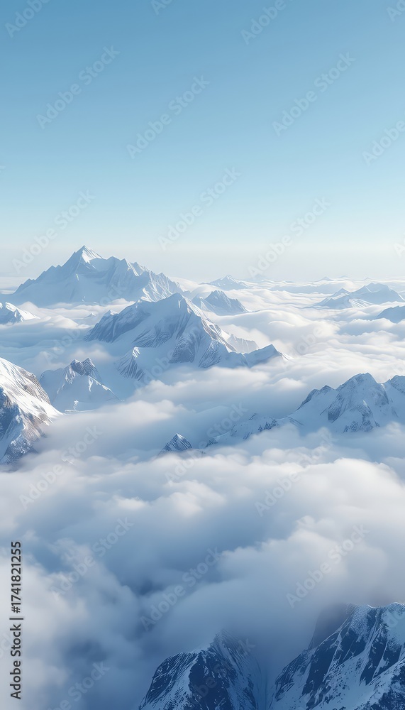 Fototapeta premium A serene vista of snow-capped mountain peaks piercing through a sea of soft, undulating clouds under a vast, pale sky
