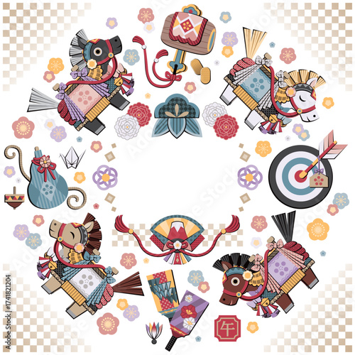 午年イラスト年賀デザイン「チャグチャグ馬コと縁起物」正方形コピースペース（Year of the Horse illustration New Year's design "Chagu Chagu Umako and lucky charms" square copy space.）