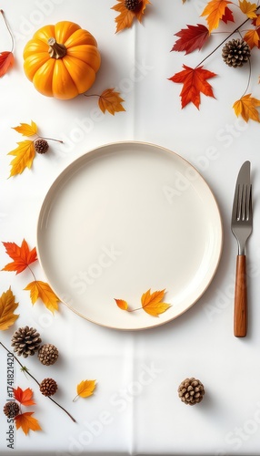 Festive Thanksgiving dining table setup with autumn leaves, a decorative pumpkin, and an elegant plate setting on a clean white background