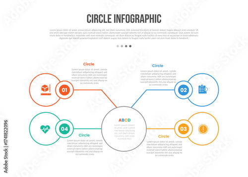 Circle base shape infographics template diagram with circle center and line connection spreading on quadrant structure with 4 point step creative simple flat outline