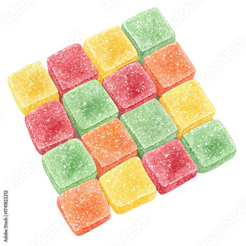 Vibrant fruit gummies in assorted colors arranged neatly for a delightful sweet treat, perfect for candy promotions and joyful celebrations
