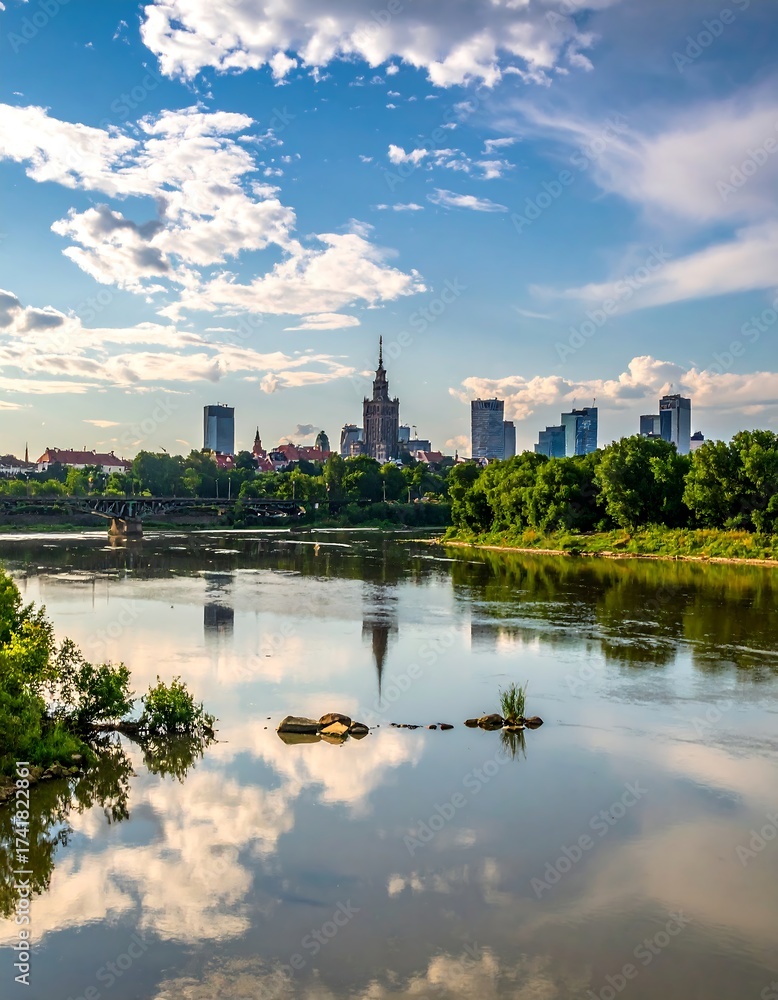 Fototapeta premium Cityscape with river, trees and skyline under a cloudy sky