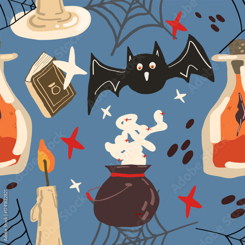 Halloween seamless pattern with cauldron, potion, bat and candle vector illustration
