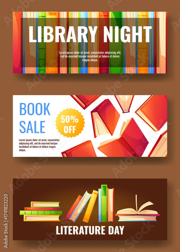 Three horizontal flyers featuring colorful books with text. Templates for flyers featuring abstract literature for library readings and educational events, store sales, and bookstore promotions.