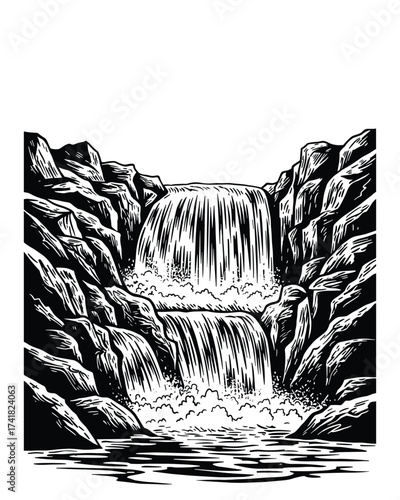 Waterfall in rocks vector illustration