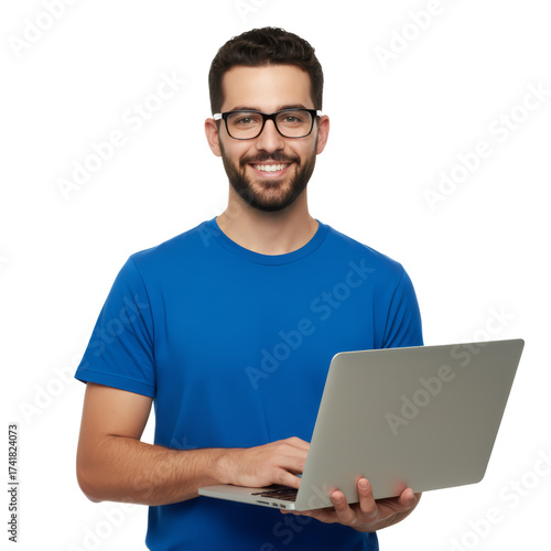 Cheerful young professional with laptop against an isolated transparent atmosphere, radiating