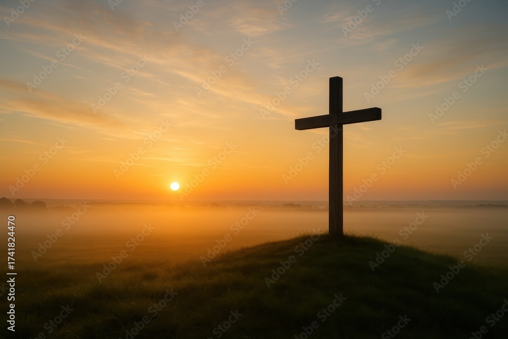 Naklejka premium Dawn silhouette of cross on hill with glowing sky and gentle morning mist