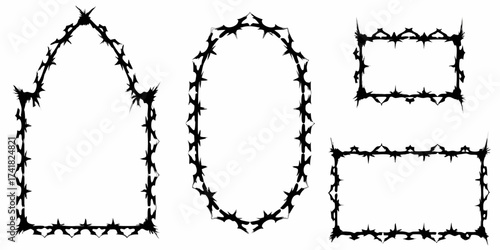 Collection of four black barbed wire style decorative frames and borders on a white background