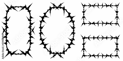 Collection of four unique black thorny barbed wire frames and borders with sharp spikes