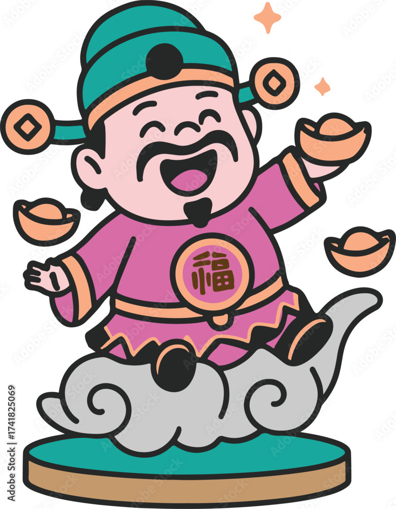 Obraz premium Cartoon Style God of Wealth Holding Gold Ingots Sitting on Cloud Illustration