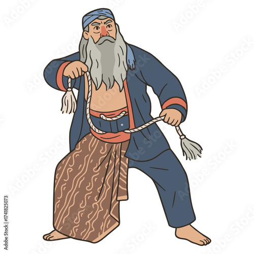 Cartoon Illustration Javanese Rope Dancer Elderly Man Traditional Performance Art