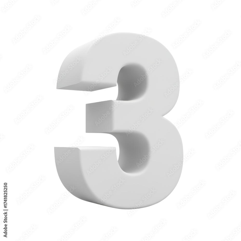 Naklejka premium Three-dimensional render of the number three in matte white on a plain transparent field