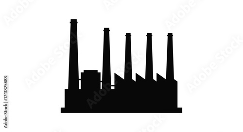 Industrial manufacturing plant silhouette smokestacks factory complex silhouette industrial skyline power generation facility chimneys industrialism scene