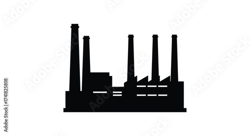 Silhouette of industrial factory complex with multiple chimneys and buildings symbolizing manufacturing and production