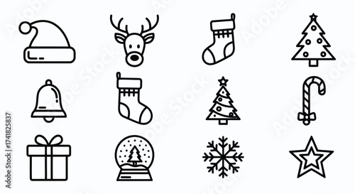 Assortment of Christmas Icons in Black Outline Style on White Background Keywords: christmas, icon, santa hat, reindeer
