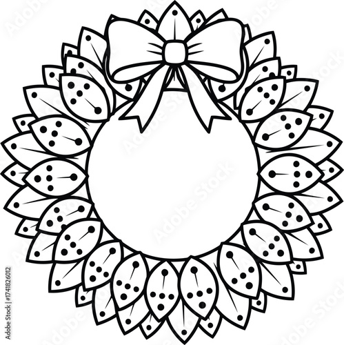 Black and White Outline of a Festive Wreath with a Bow and Copy Space Keywords: wreath, outline, drawing, black and white