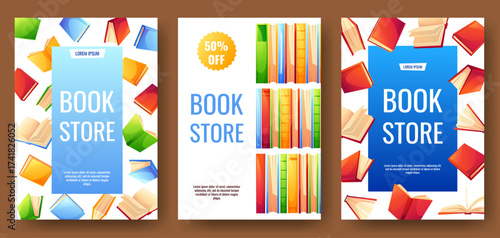 Poster with colorful books in different positions, on a white background with text. A template for a book market poster. Book lover, bookstore, library, reading concept, book festival. World Book Day.