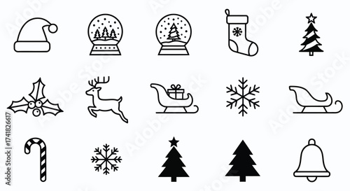 Collection of Black and White Christmas Icons Including Santa Hat and Snow Globes Keywords: christmas, icons, set, collection