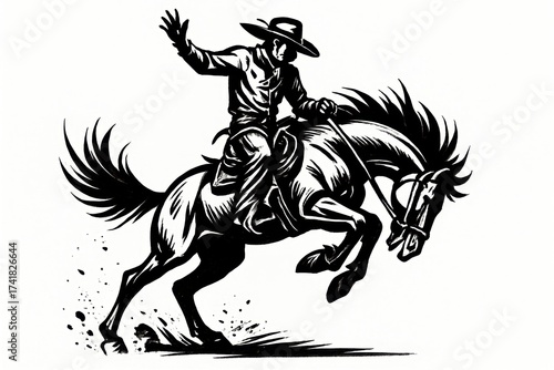 Wallpaper Mural Rodeo bronc rider on bucking horse western line art illustration on white background Torontodigital.ca