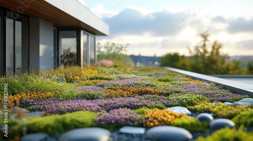 AI-controlled green roof ecosystem analyzing heat insulation, biodiversity gain, and rainwater retention in a real-time performance dashboard