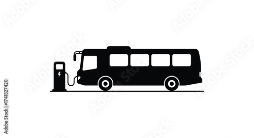 Black silhouette of a bus refueling at a gas station pump suggesting transportation and energy concept
