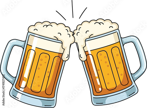 Two Mugs of Beer Clinking Together with Foam Overflowing Keywords: beer, mugs, clinking, toasting, celebration, foam