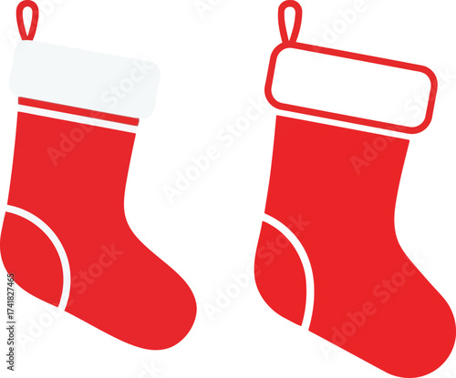 Two red Christmas stockings with white trim on white background red stocking holiday decoration