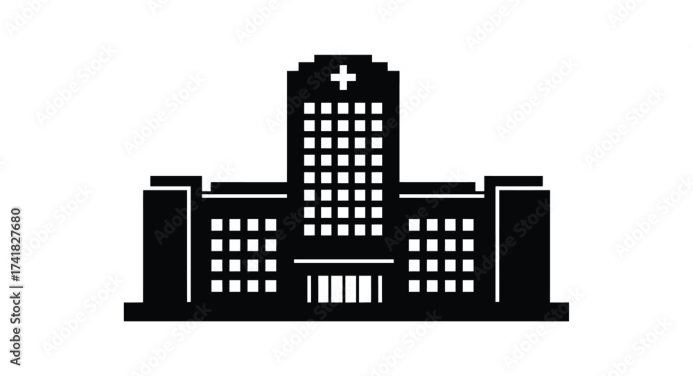 Naklejka premium Modern hospital building silhouette with medical cross emblem above windows symbolizing healthcare services and medical care