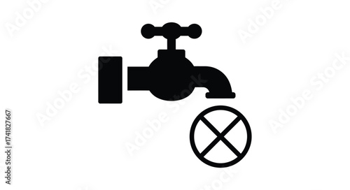 Silhouette of a closed faucet with a water drop crossed out symbolizing no water or shut off plumbing icon